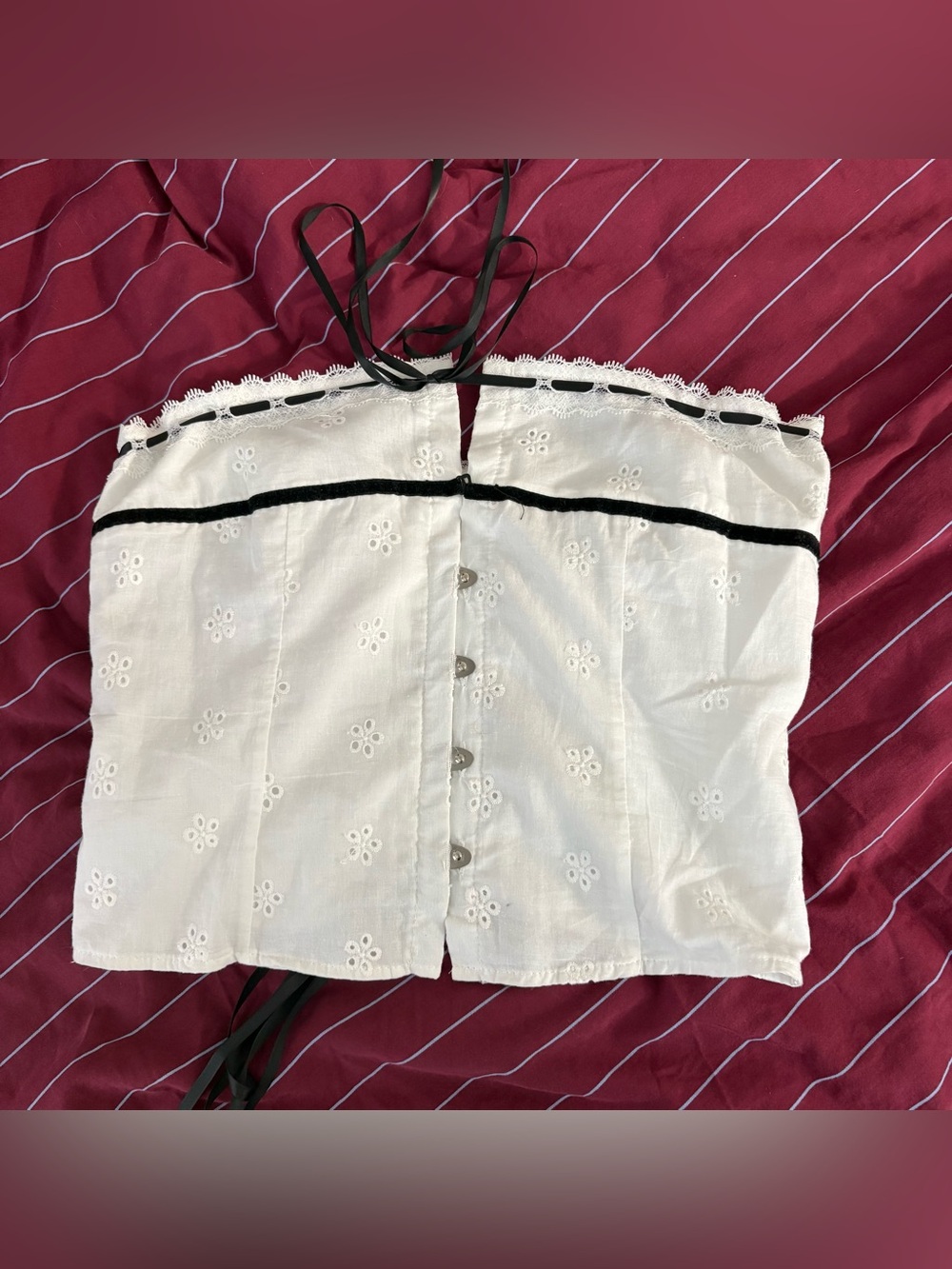 Cute White Eyelet Halter Bustier Top with Black Trim